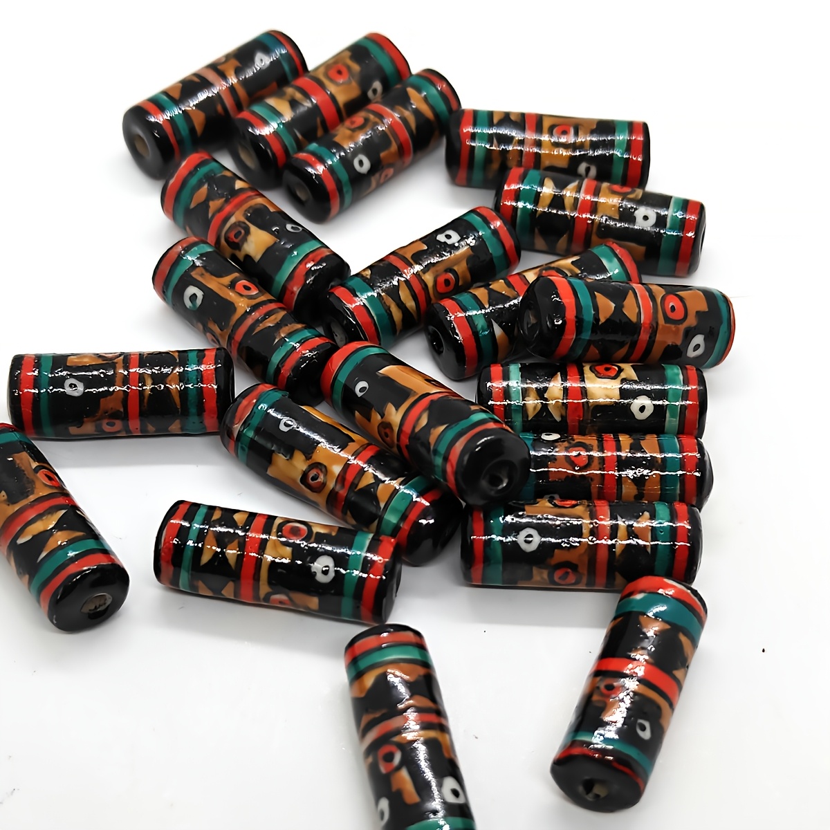 Brown Tribal Pattern Cylinder Ceramic Beads, 2pcs Set